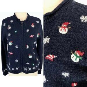 Vintage Croft & Barrow Snowman Wool Angora Embroidered Zip Cardigan Navy Size PM